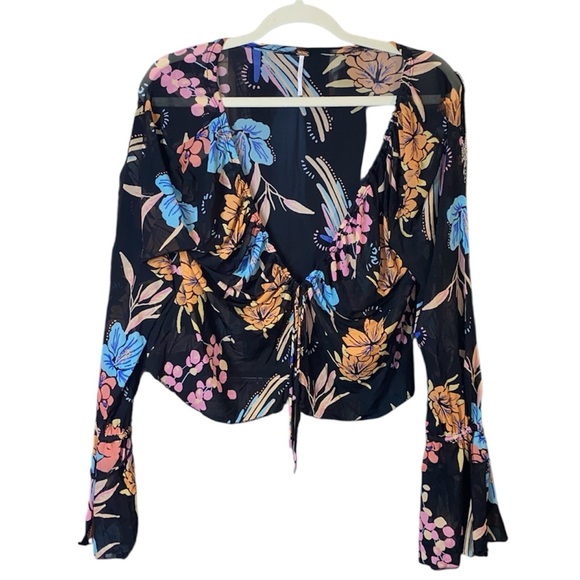 Free People Black/Pink Multicolor Floral Boho Crop Top, Size Medium - Picture 5 of 11